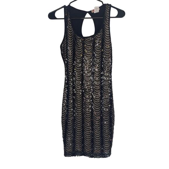 Vintage Y2K Body Central Black Nude Sequined Bodycon Mini Dress Size Small - Picture 1 of 5
